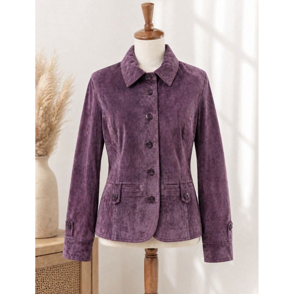 Vtg i.e. Purple Suede Leather Jacket Petite Medium Button Front Soft Relaxed Fit